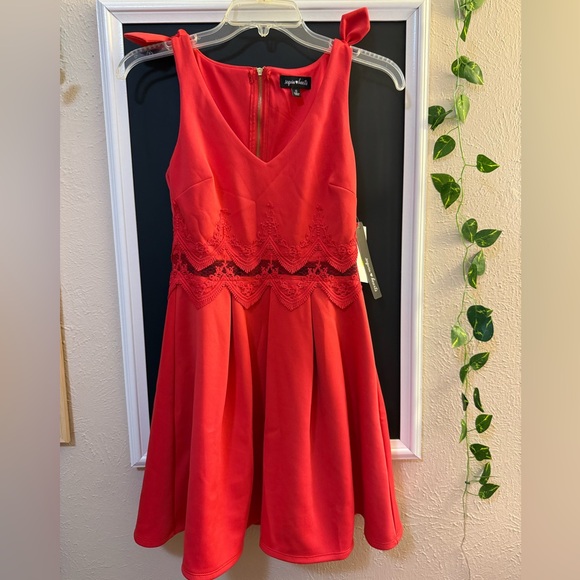Speechless Vibrant Coral Dress with Lace Accents - Picture 1 of 3
